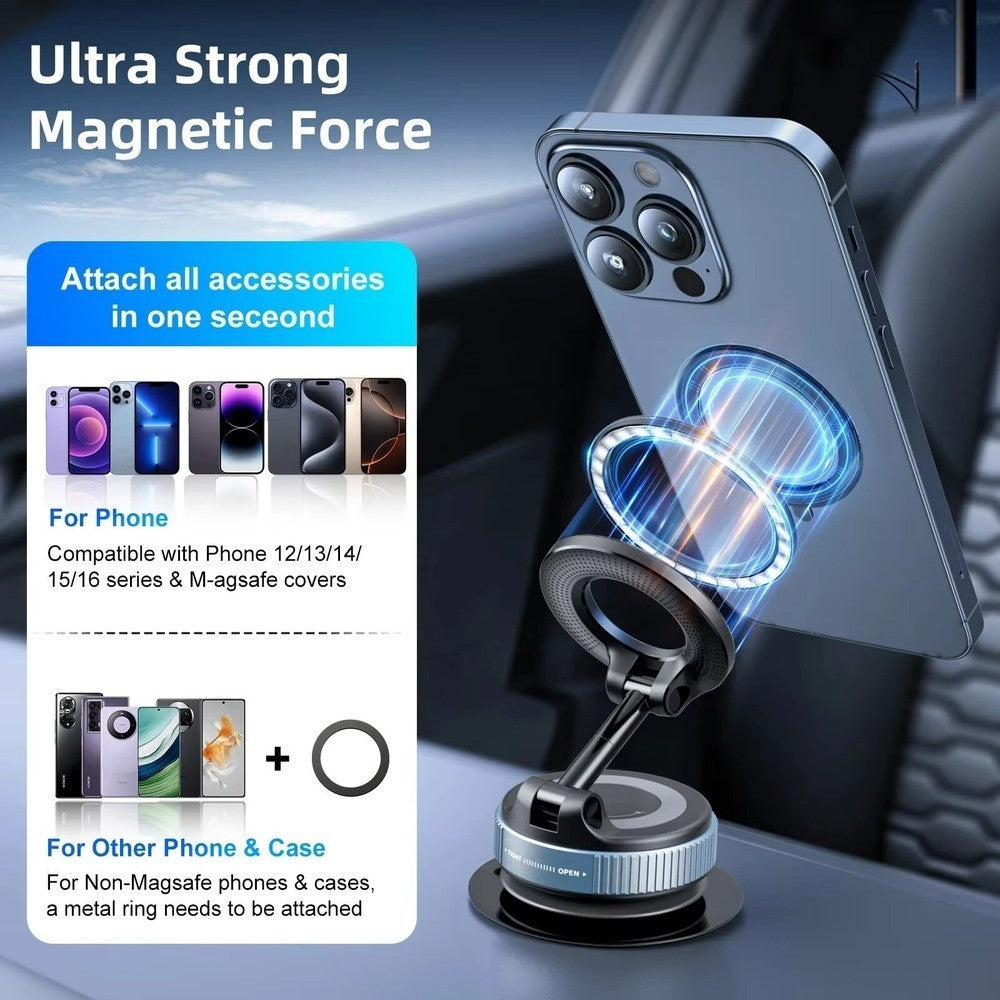 360 Foldable Vacuum Phone Holder - Strong Magnetic Suction Cup Car Mount