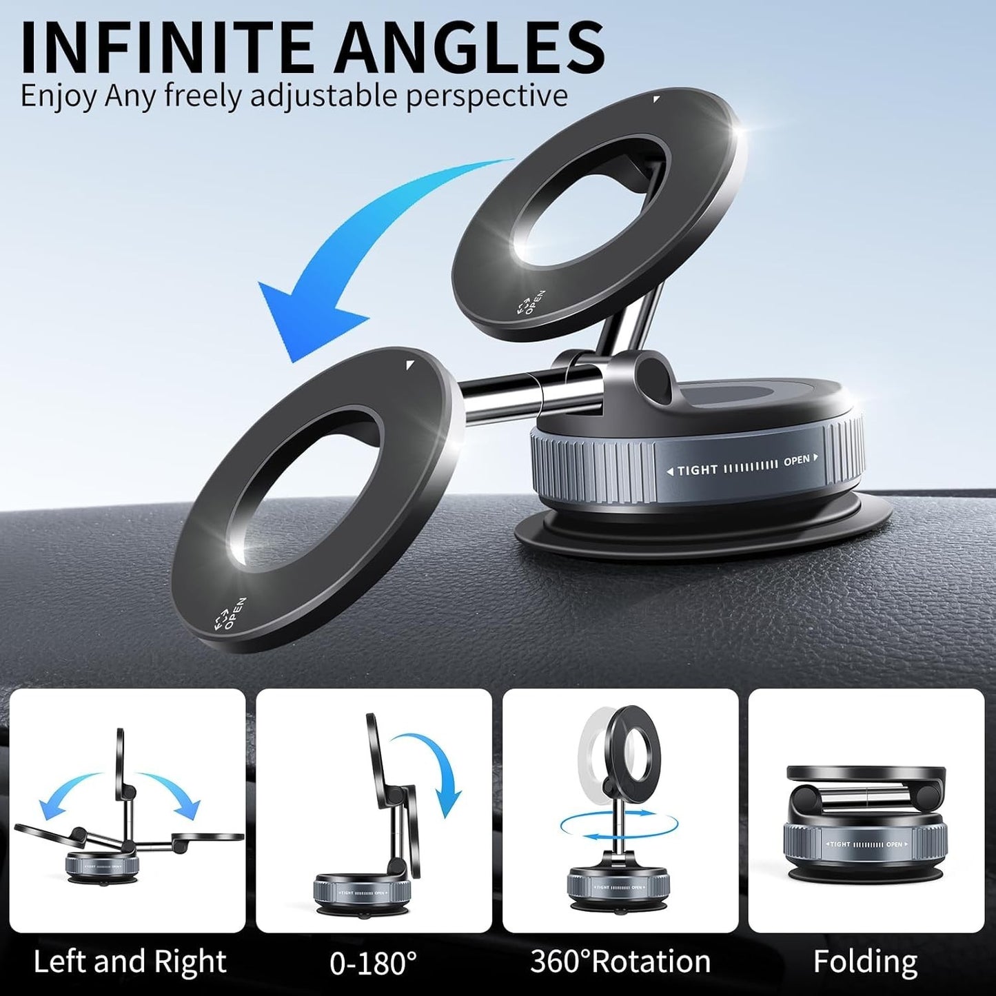 360 Foldable Vacuum Phone Holder - Strong Magnetic Suction Cup Car Mount